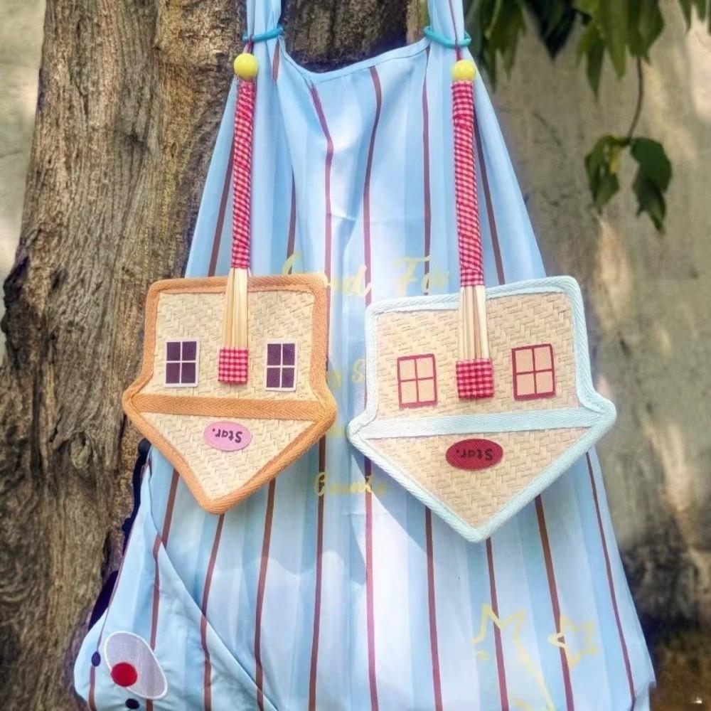 Portable Cartoon House Shape Fan Handcrafted Handwoven Handheld Cooling Fan Summer Daily Cooling