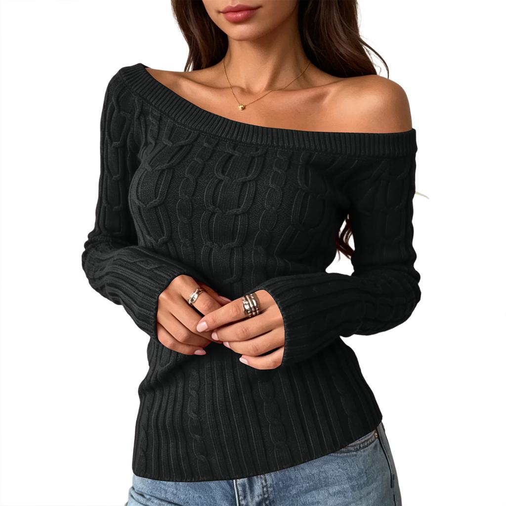 Women's Casual Off-Shoulder Cable Knit Long Sleeve Sweater