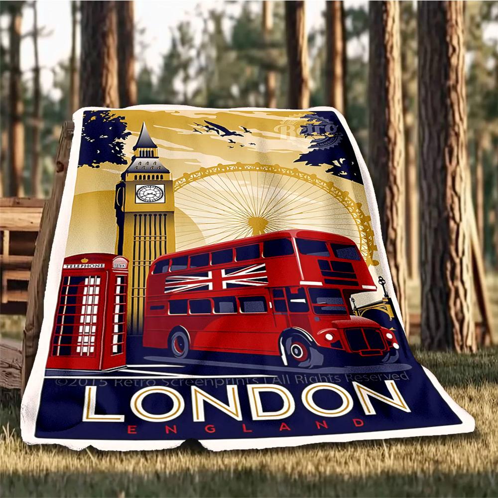 1 Stück London Bus, Big Ben Outdoor Flanelldecke Weiche Ganzjahres Polyesterdecke, Perfekt für Picknicks & Reisen, Picknickzubehör