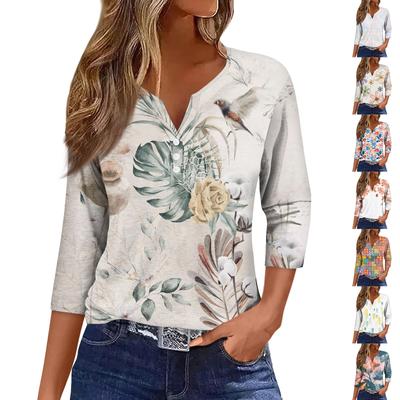 Γυναικεία Μόδα Casual Μπλουζάκι με λαιμόκοψη V με κοντό μανίκι, διακοσμητικό κουμπιά, μπλουζάκι τριών τετάρτων