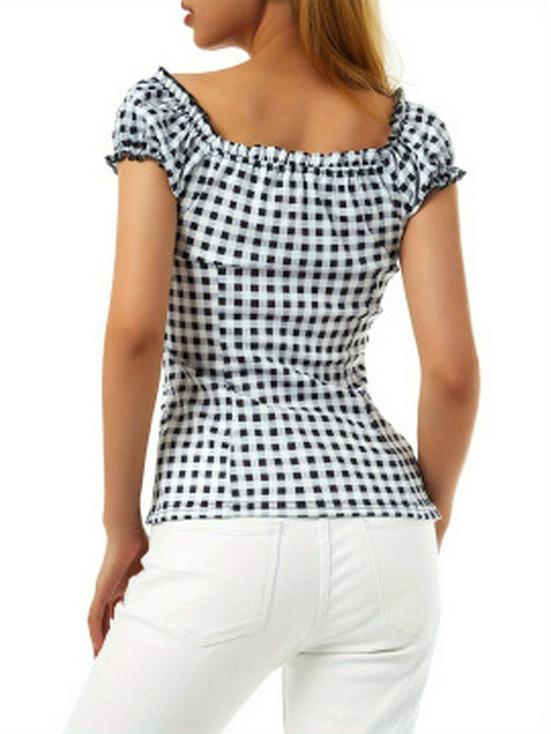 Sladké Cool Kostkované Čtvercový Výstřih Krajka Mašlička Tričko – Úzký Střih, Krátký Rukáv, Černobílé – Horký Dívčí Jarní/Letní Styl