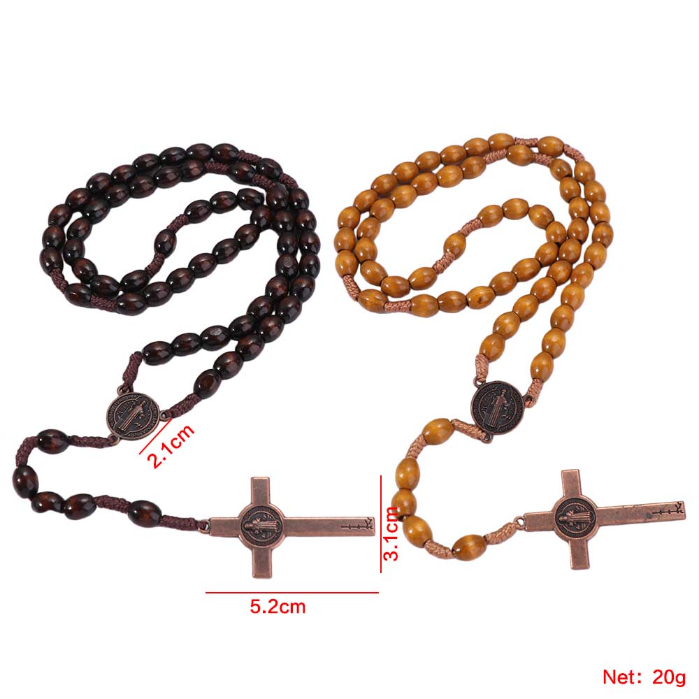 Wood Wood Beads Necklace Religious Crucifix Pendant Chain Handmade Rosary Necklace Church