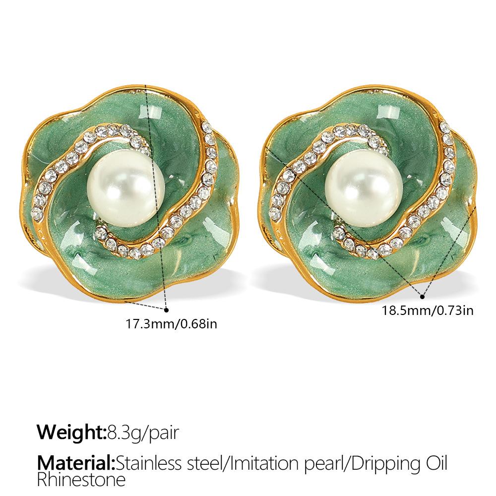 Retro Hong Kong Style Oil Drip Flower Stud Earrings Stainless Steel Gold Plated Simple Small Fashion Pearl Earrings Women
