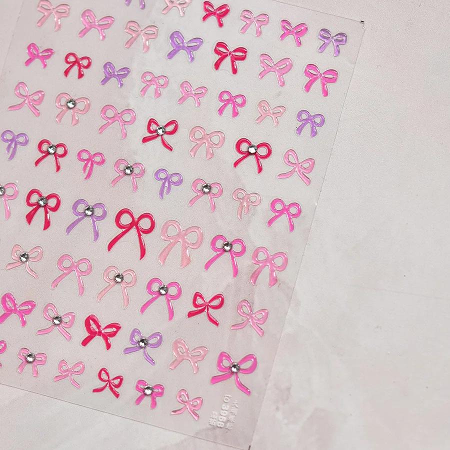 Shiny Red Bowknot Bow Tie Silk Ribbon Butterfly 5D Nail Art Sticker Pearl Rhinestones Self Adhesive Decoration Manicure Decal