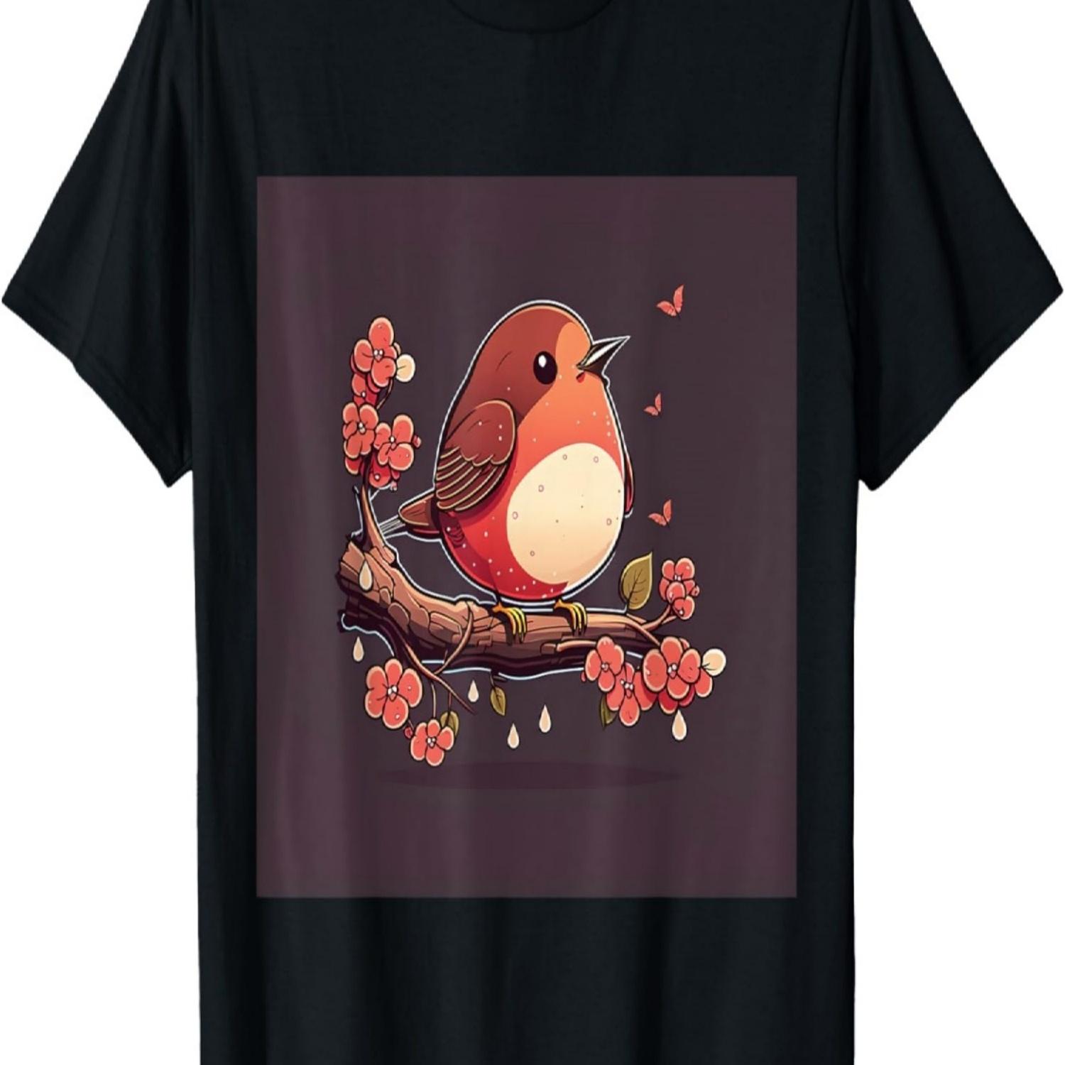 Lovely Cute Red Robin Kawaii Cherry Blossom for Spring T-Shirt S