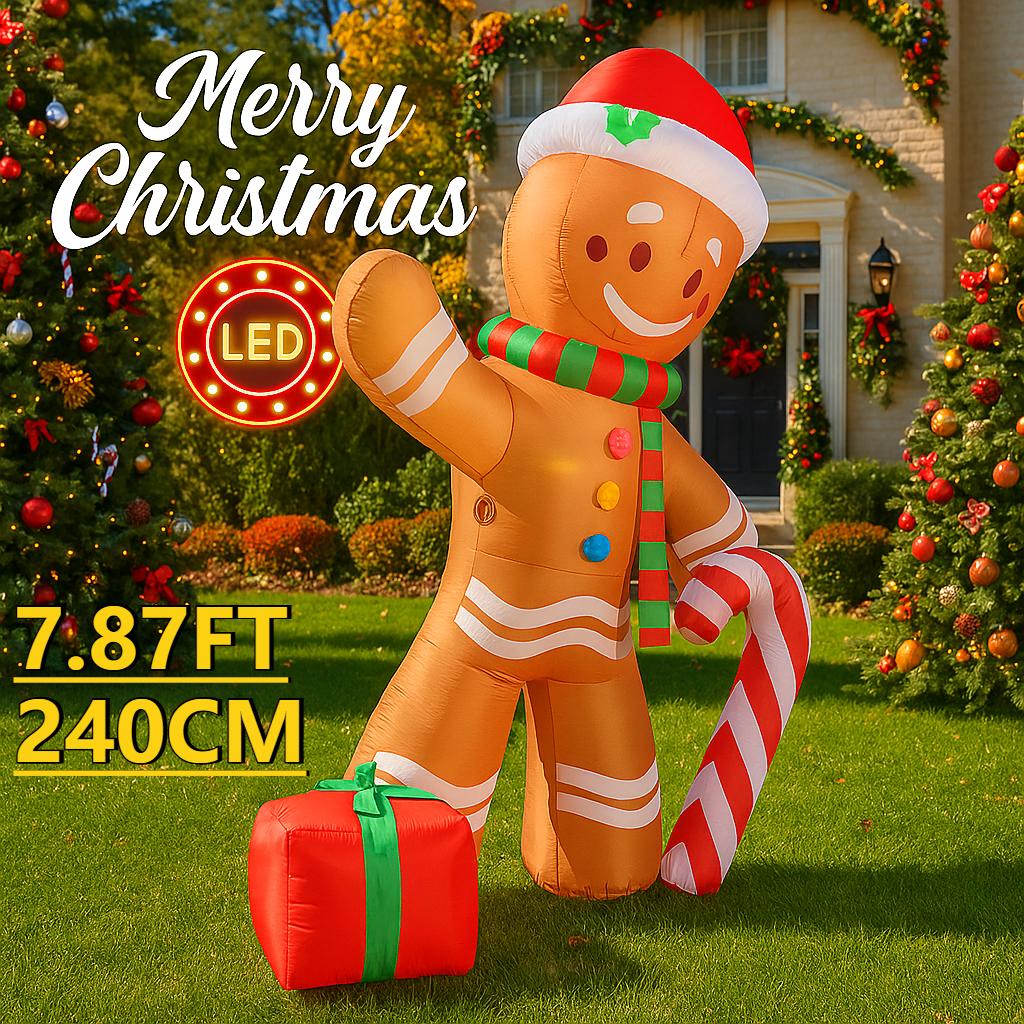 

7.87FT Christmas Inflatable Toys Gingerbread Man Candy Cane Gift Supplies Home Ornament Festive Gift LED Xmas Yard Decoration EU