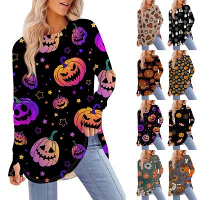 Dámske halloweenske tričko s okrúhlym výstrihom, voľný dlhý rukáv, stredne dlhý, chýbajúci vrch