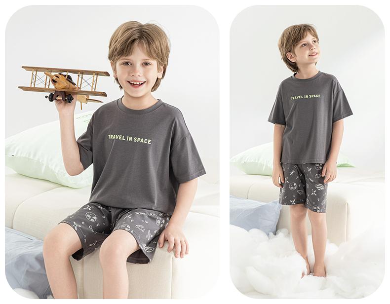 Yingbolun Boys' Pajamas Summer Pure Cotton 10A Children's Short Sleeved Shorts Set Medium and Large Children's Cotton Home Clothes