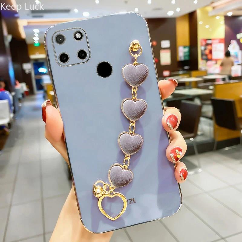 Love Heart Plyscharmbandsfodral för Realme C55 C53 C35 C33 C31 C30 C21 C21Y C20 C17 C15 11 10ProPlus Kedjeplätering Silikonskydd