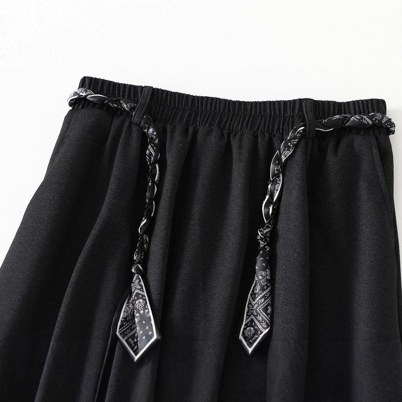 Qooth A Line Skirt Midi Length with Scarf Belt Korean Casual Style Heavyweight Fabric QT2736