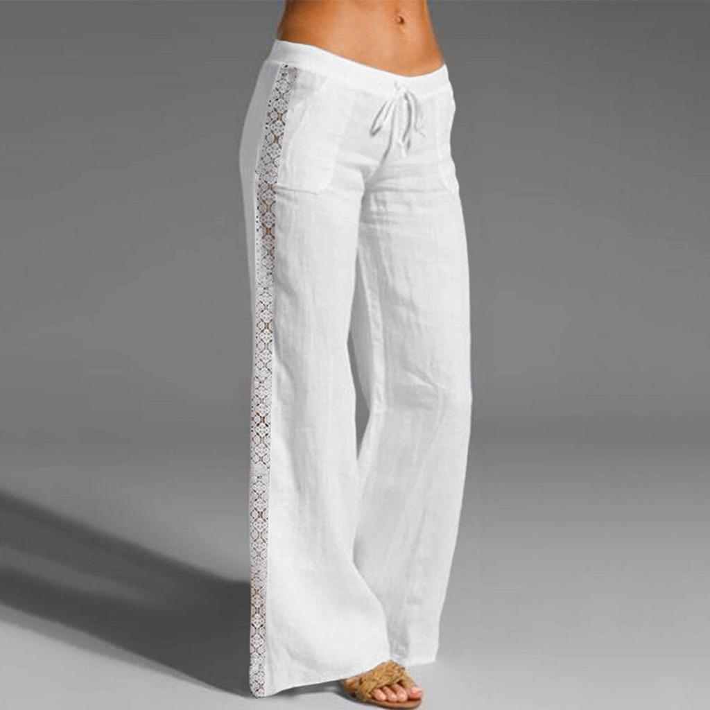 Women's Color High Waist Drawstring Pants Lace Stitching Cotton Linen Pocket Wide Leg Pants Casual Pants