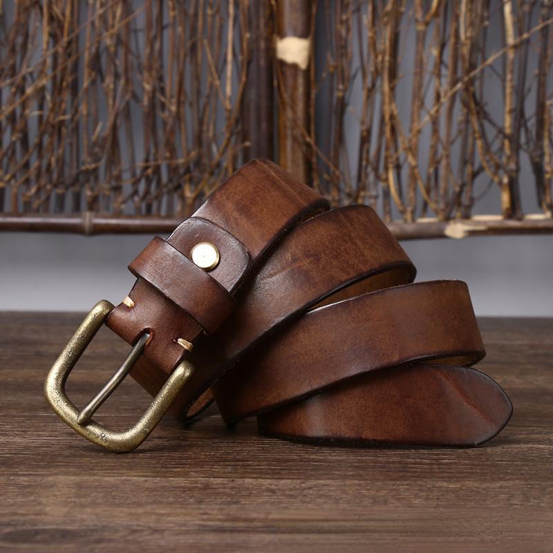 Bälte Herr Retro Distressed Tjockt Äkta Nötskinn Läder Spänne Trendigt Allmatchande Jeansbälte