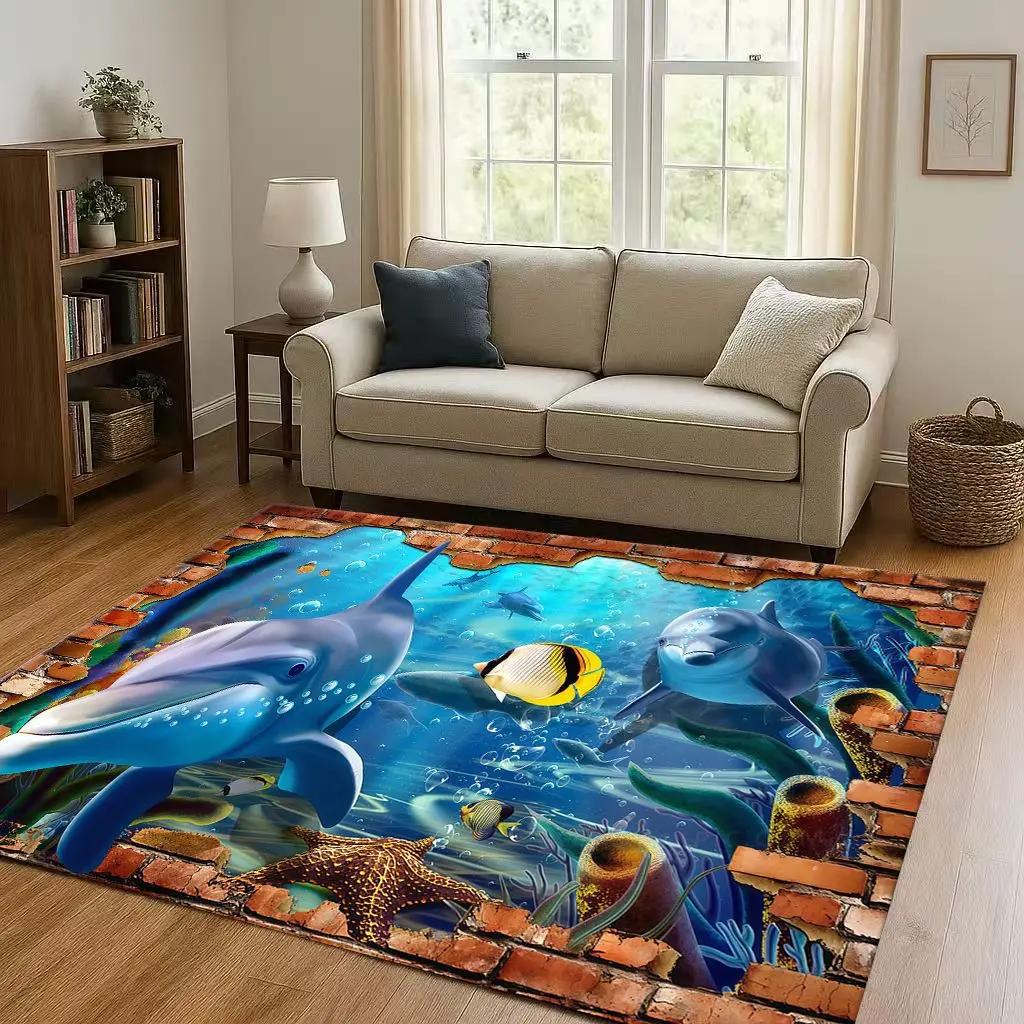 3D Illusion Underwater World Breaking Wall Living Room Non-Slip Area Rug Carpet for Bedroom Playroom Sofa,Home Decor Doormat