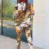 Women Plus Size Round Neck Long Sleeve Printed Top And Fitted Pants Two Piece Set