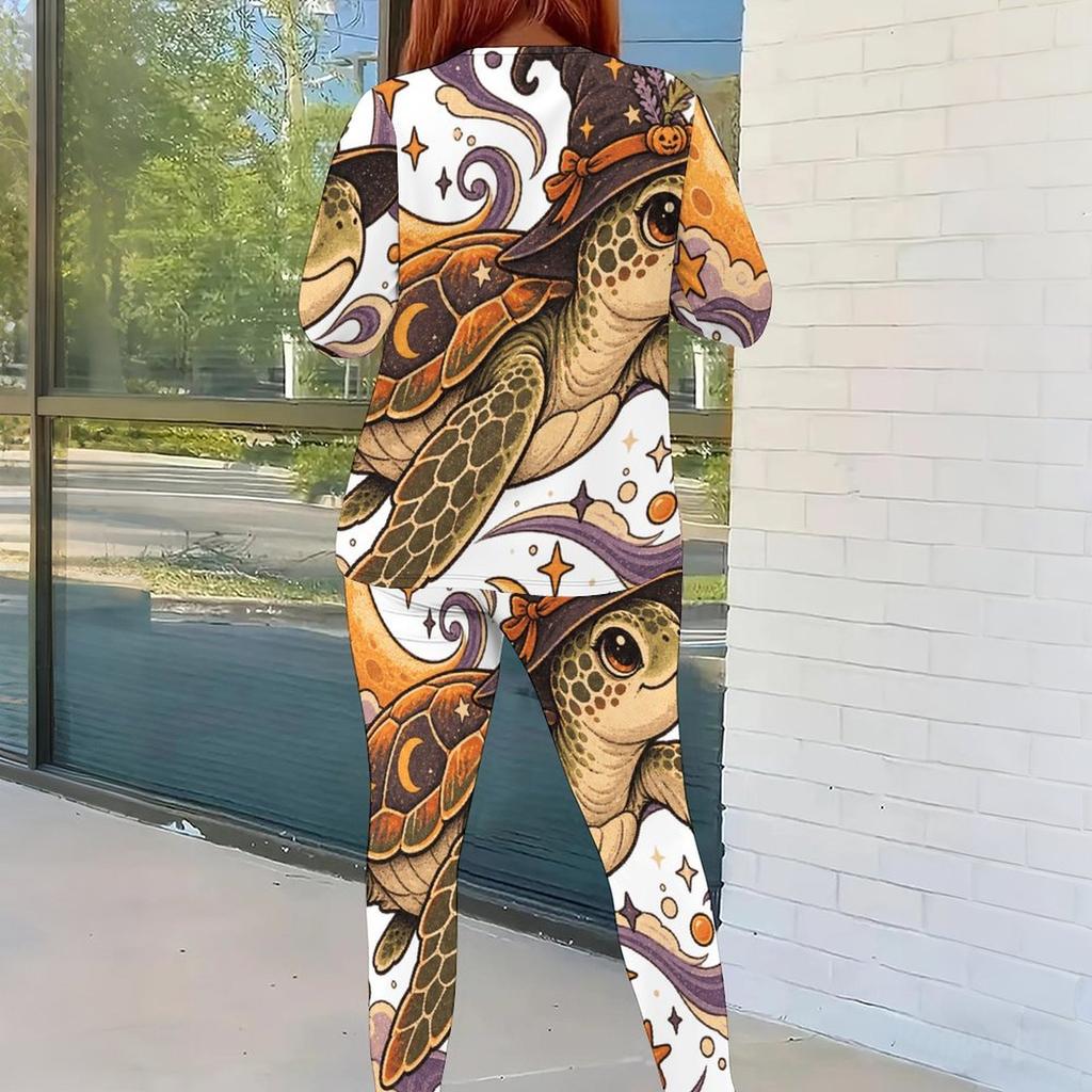 Women Plus Size Round Neck Long Sleeve Printed Top And Fitted Pants Two Piece Set