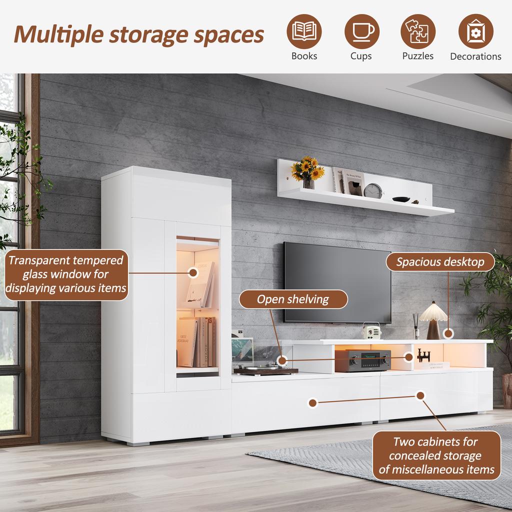 Set Mobile TV da Parete, 3 Pezzi, Illuminazione LED, Laccato Lucido, Soggiorno, 1 x Mobile TV, 1 x Vetrina Soggiorno, 1 x Mensola a Muro, TV fino a 75' Bianco