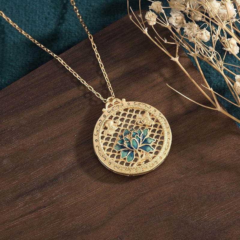 Эмаль перегородчатая Лотос Нефрит Круглый Кулон Ретро Ожерелье Gold Plated