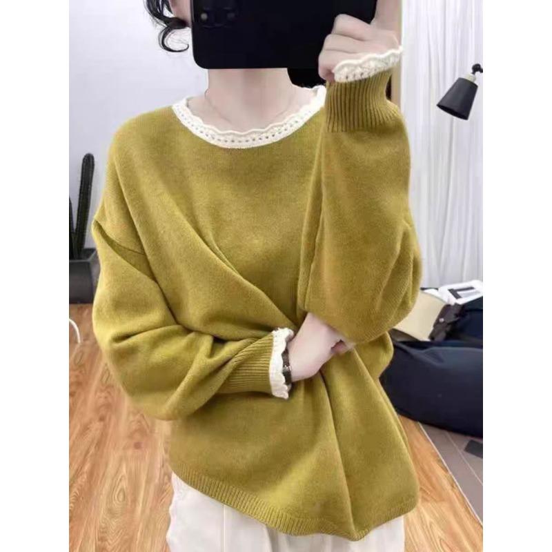 Gentle Wind Lace Neck Knitted Sweater Women's Age-reducing Loose Top Autumn and Winter New Crew Neck Bottoming Sweater