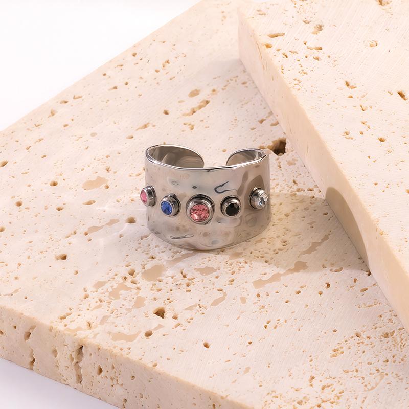 Stainless Steel Colorful Crystal Zirconia Ring for Women Vintage Elegant Open Adjustable Rings Wedding Party Jewelry Gifts