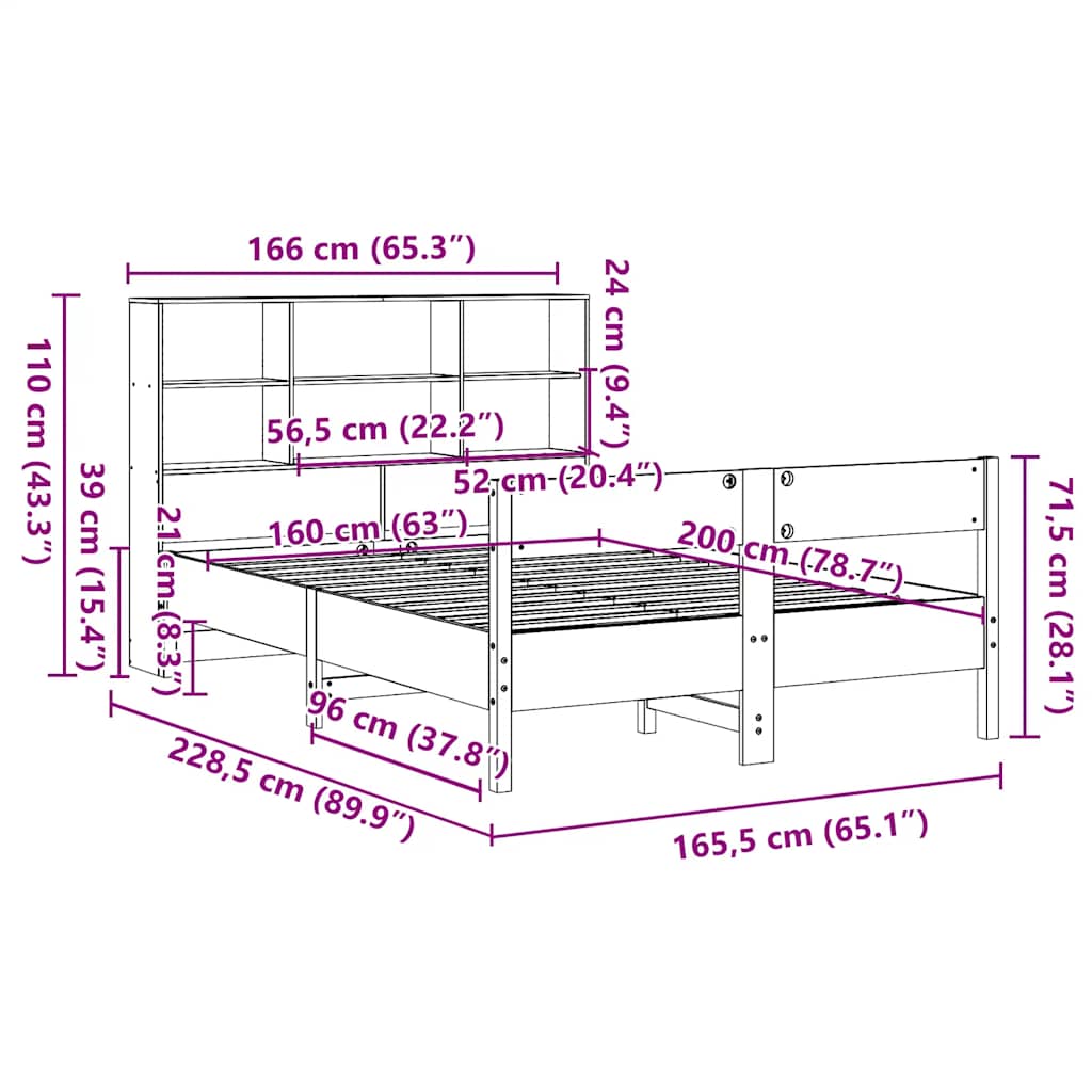 Solid Wood Bed with Shelf Without Mattress White 160x200 cm Pine