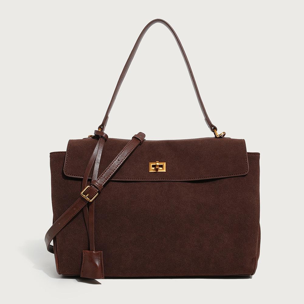 Vintage suede single leather shoulder messenger bag, high-end large-capacity portable underarm tote bag.