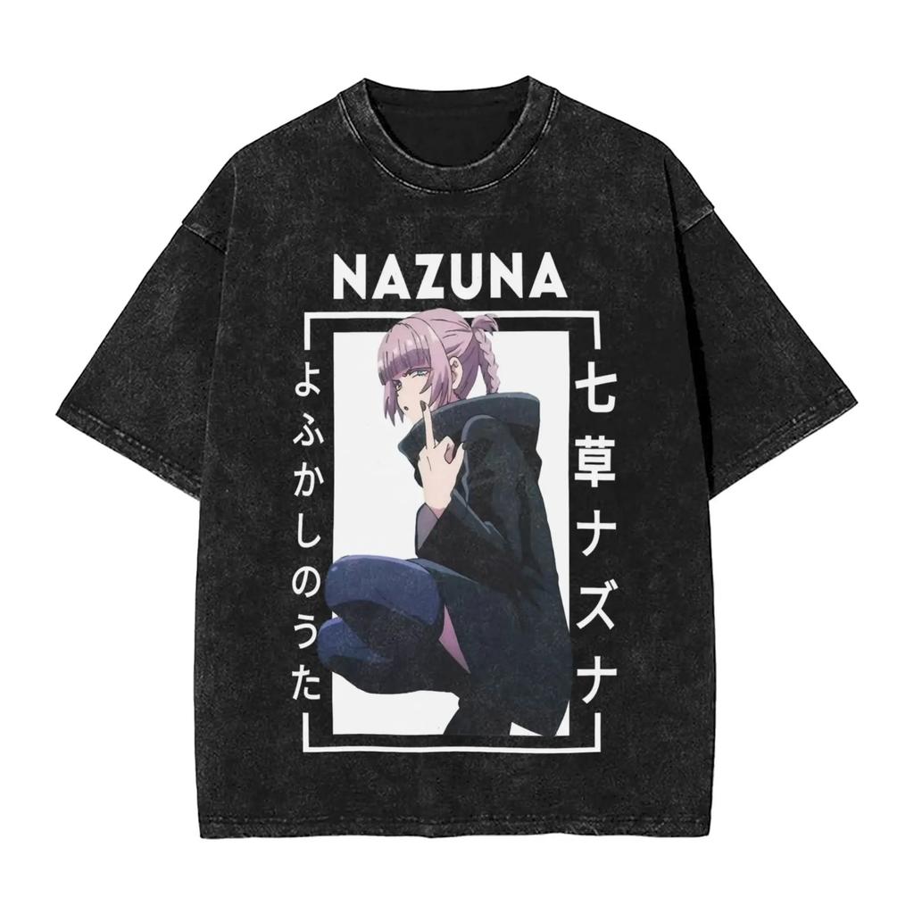 Hot Sale Call of The Night Nazuna Graphic Print Retro Washed TShirts Mens Women Crewneck Cotton Tees Streetwear Oversized Tops
