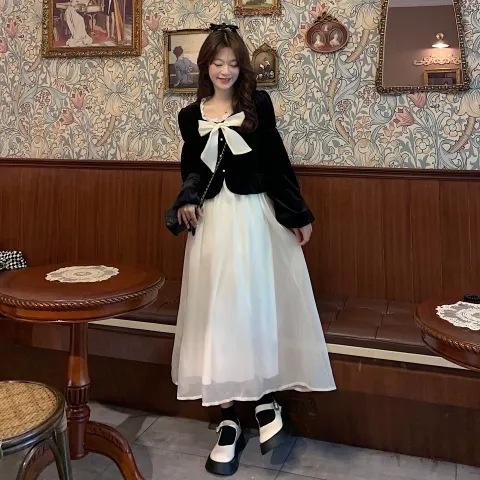 Autumn Large-size Women's Clothing New Fat Mm Fake Two-piece Velvet Dress Women's Bow Top Splicing Skirt