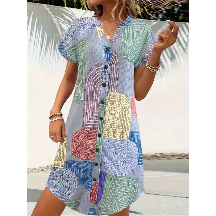 Modisches, locker geschnittenes Kleid mit geometrischem Muster, V-Ausschnitt und Knopfleiste – ein lässiges Damenkleid