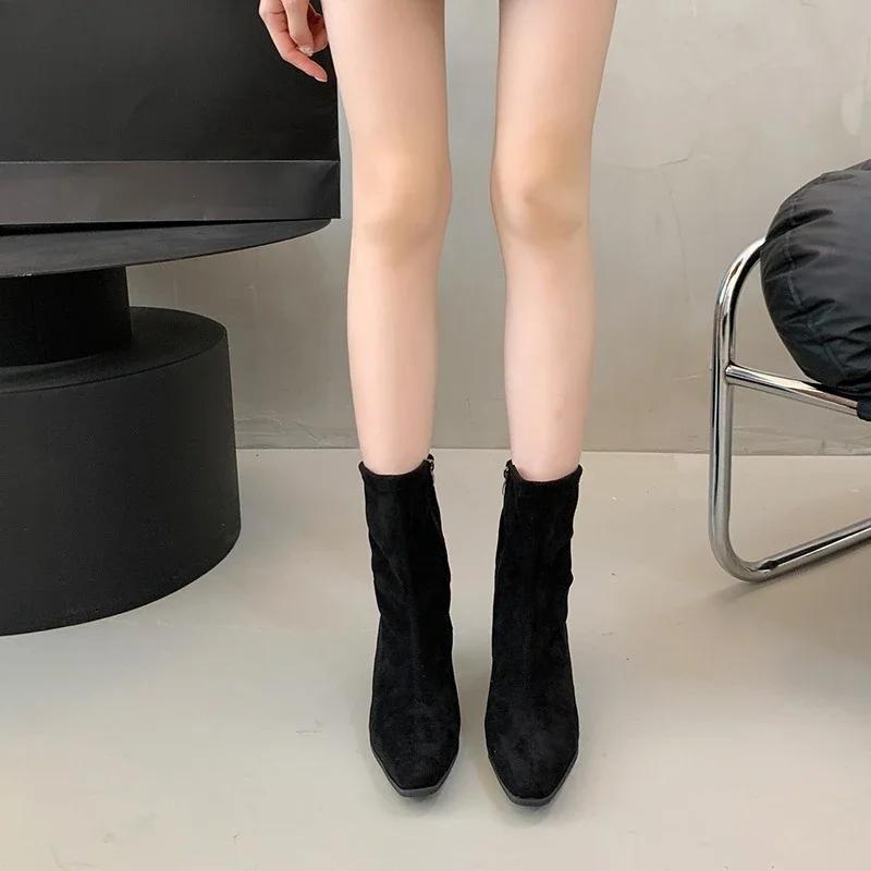 Fashion Stretch Booties Fashion and Versatile Women 2025 New Pointed Toe Sexy Suede Mid-leg Boots