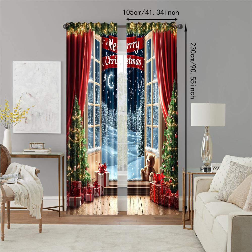 2Pcs Christmas Tree Printed Window Curtains Rod Pocket Design Machine Washable Window Drapes For Living Room And Bedroom Home