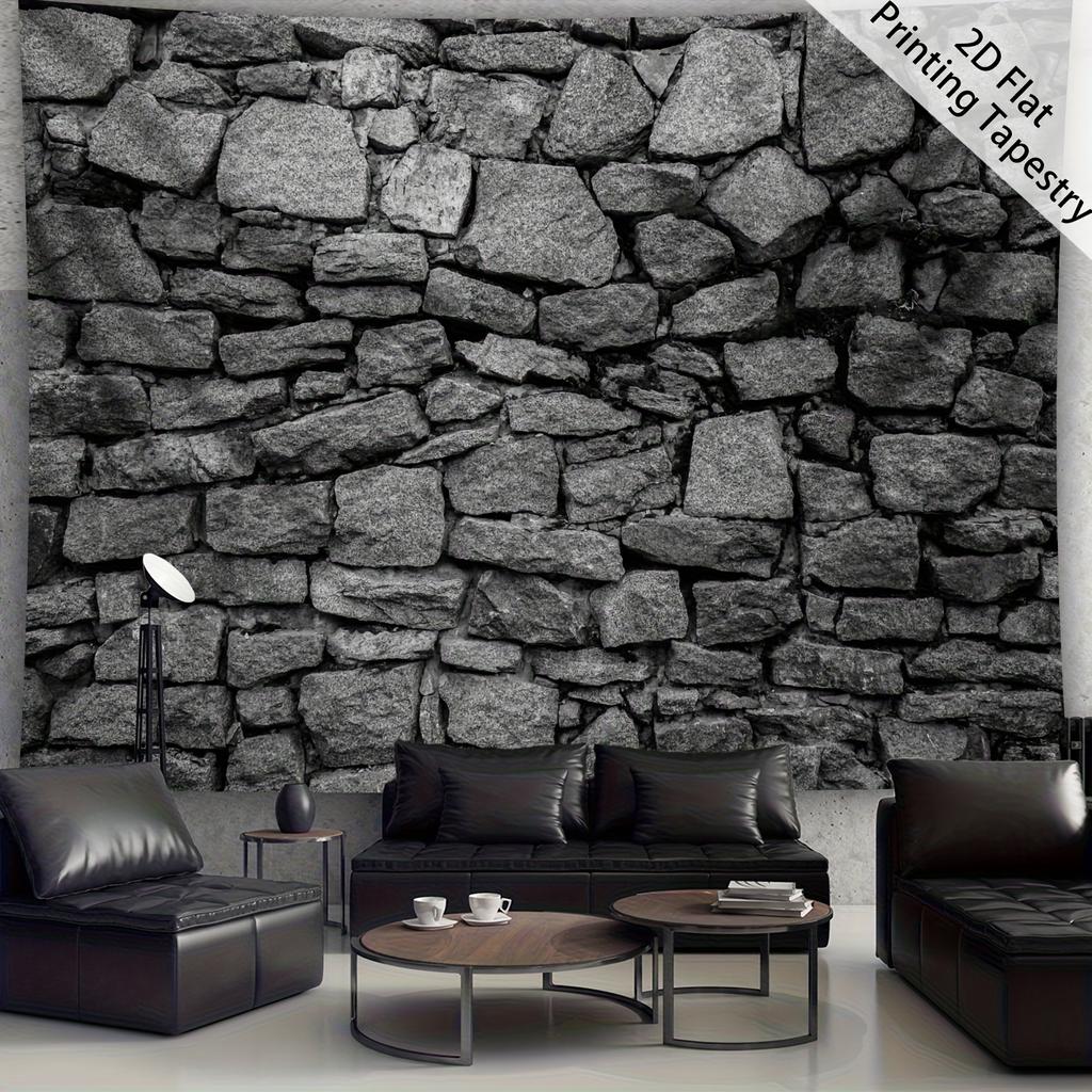 Rustic Stone Tapestry, Weathered Brick Pattern with Natural Gray Tones, Wall Art for Living Room, Minimalist Farmhouse Decor