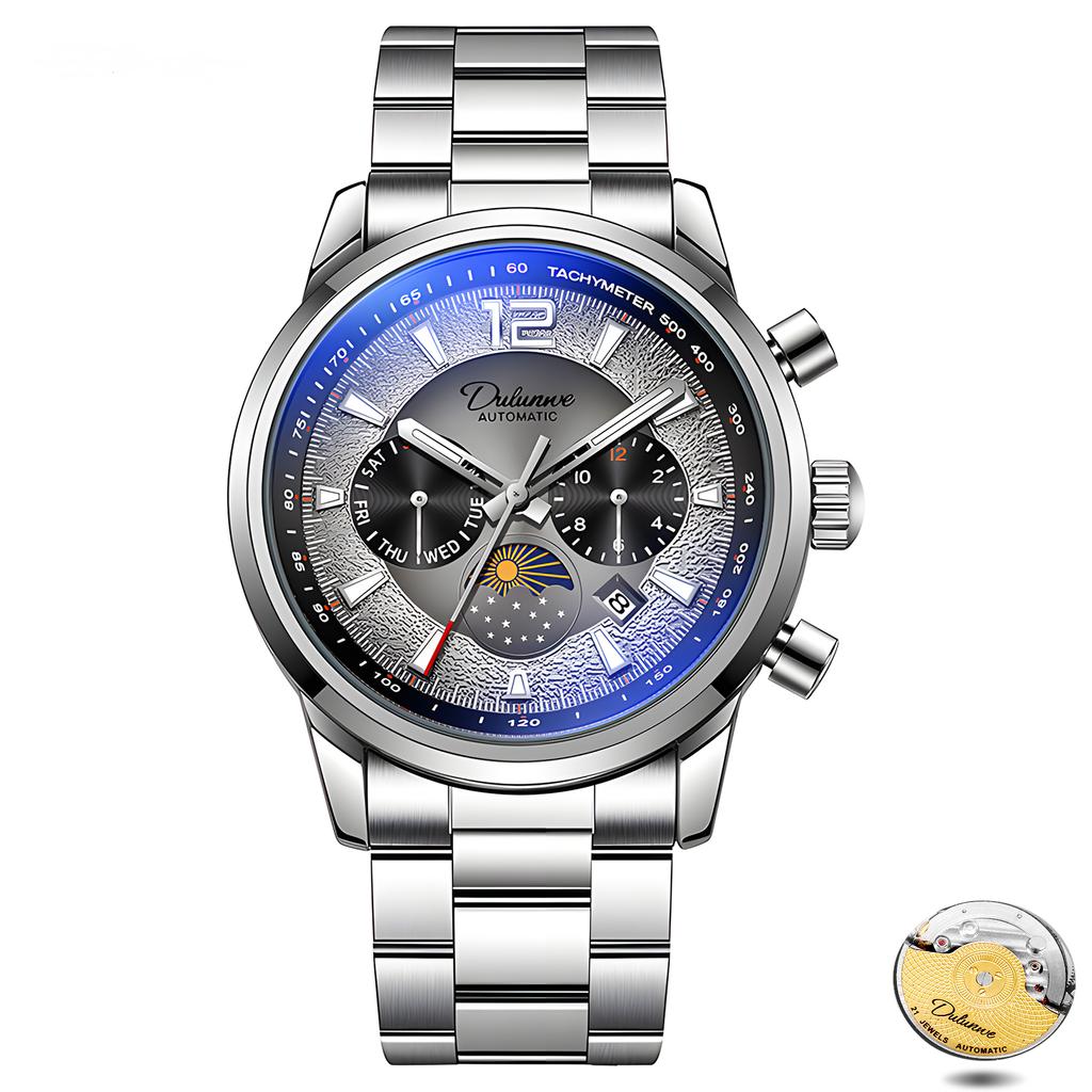 Creative Meteorite Dial Mechanical Watch Moon Phase Window Week Month Calendar Display Men's Waterproof Luminous Mechanical Watch