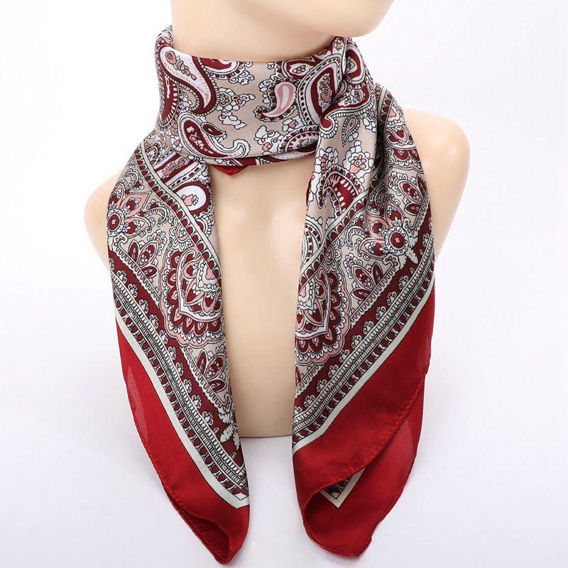 Ethnic Print Square Scarf for Women: Fashionable Versatile Silk-like & Mulberry Silk Material Small Scarf & Neck Accessory