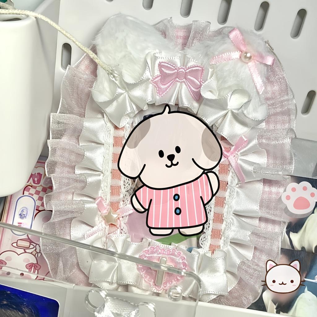 Charming Handmade Plush Rabbit Ears & Pink Lace Photo Card Holder - Canvas, Perfect for Daily Office Use