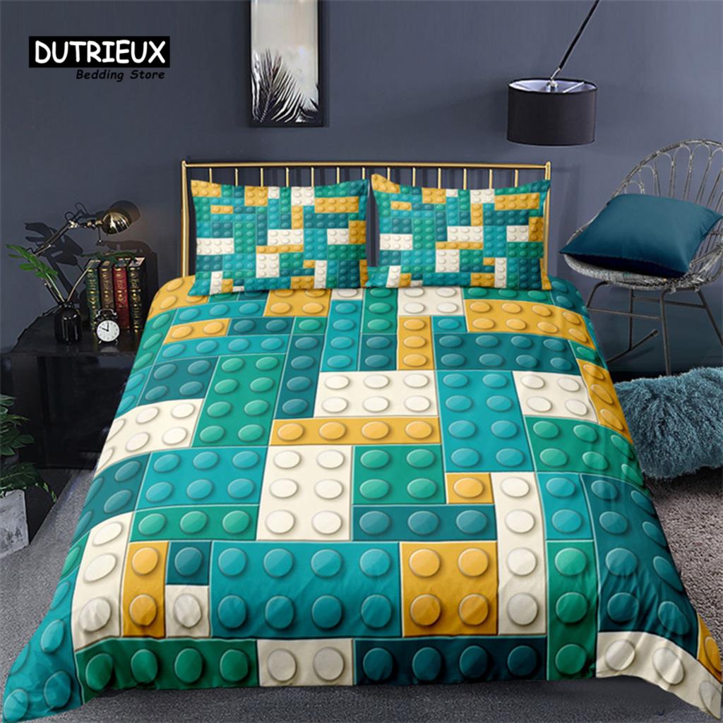 Colorful Toy Duvet Cover Funny Building Blocks Bedding Set With Pillowcases For Toddler Kids Teens Boys Girls Gift Bedroom Decor