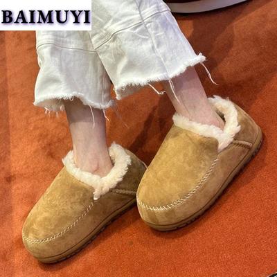 Brand Fur Cotton Slippers Platform Women Snow Boots Flats Suede Shoes Woman 2025 Trend Home Warm Slides Plush Ankle Botas Mujer