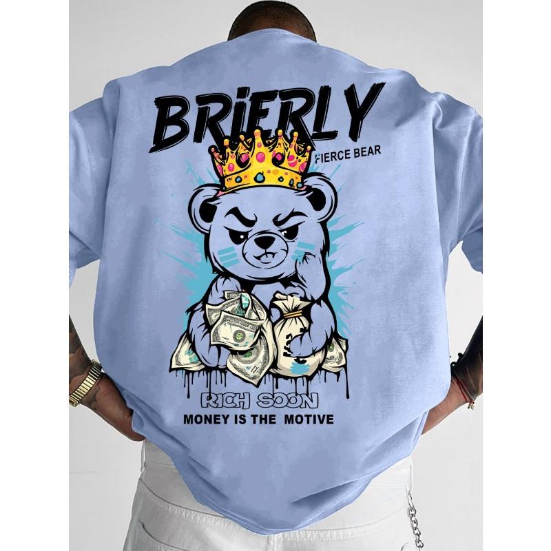 Summer New Men s Personalized Teddy Bear Letter Printed Comfortable and Breathable Round Neck T-shirt Outdoor Street Top XS