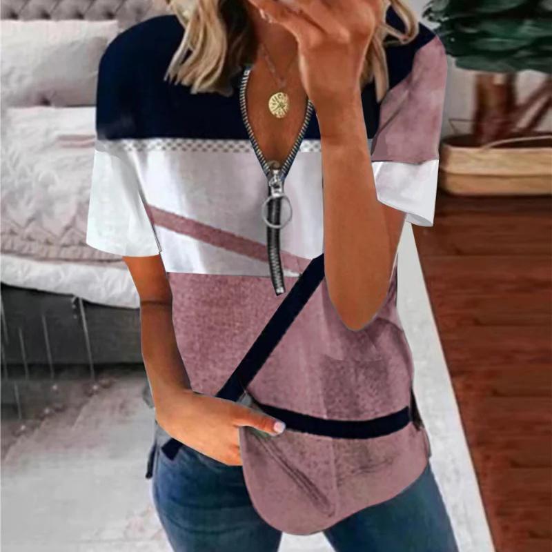 Summer Striped Printed Plus Size T Shirt Women Vintage Short Sleeve Zipper V-neck Casual T-shirt Woman Loose Office Lady Basic Tee Tops 25118