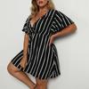 Mode Kurzarm Gestreift V-Ausschnitt Große Größe Kleid Elegante Damen Hohe Taille Lose Lässig A-Linie Party Kurzes Böhmisches Kleid Weibliche Damenbekleidung