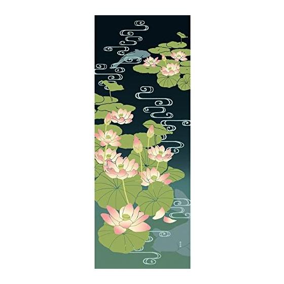 Hamamonyo Tenugui Towel: Ancient Lotus and Flowing Water Pattern, Emerald Blue