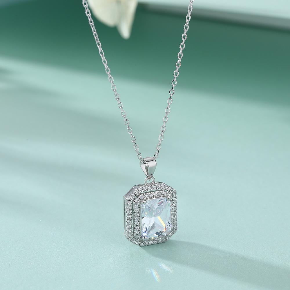 925 Sterling Silver Necklace Wholesale European and American Style Fashion Rectangular Zircon Square Diamond Pendant Collarbone Chain Ins