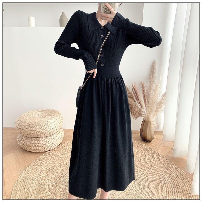 Mid-length Sweater Dress A Versatile Solid Color A-line Knitted Dress for Women Casual and Warm Pullover