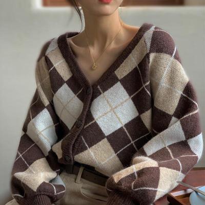 Y2K Oversize Women's Knitted Jacket Vintage Argyle Cardigan Sweater Korean Style Plaid Single Breasted Jumper Autumn