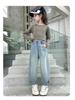 2025 Girls' Spring-Autumn Straight Wide-Leg Jeans: Long Pants for Big Kids