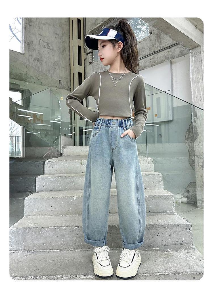 2025 Girls' Spring-Autumn Straight Wide-Leg Jeans: Long Pants for Big Kids