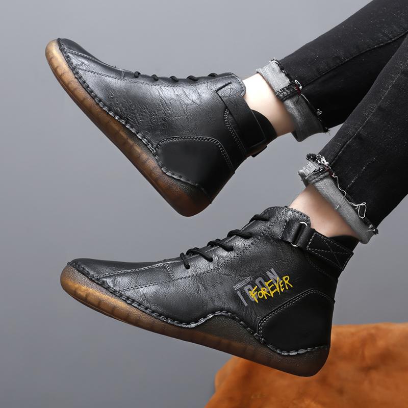 Men Handmade Leather Shoes Casual Hiking Boots Outdoor Black High Top Wide Palm Driving Shoes Large Size