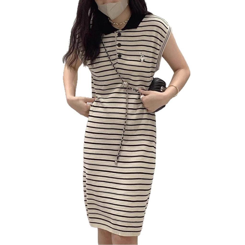 Women's Summer Striped Sleeveless Knitted Polo Collar Dress