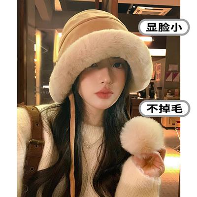 Hat Women's 2025 New Winter Plush Bucket Hat Thickened Warm Windproof Ear Hat Shows Small Face
