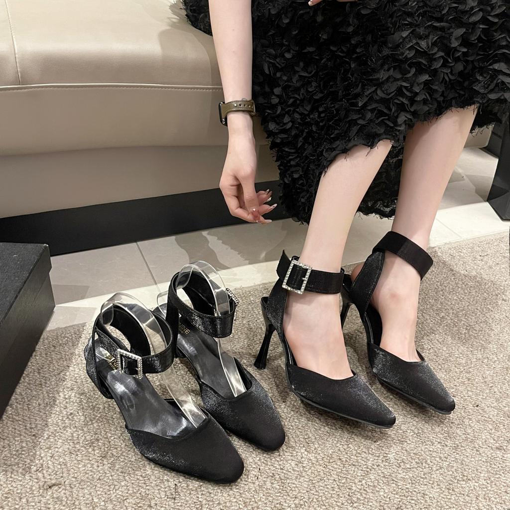 High heels women's summer 2025 new black sexy thin heel bag head shallow mouth square head versatile belt buckle sandals