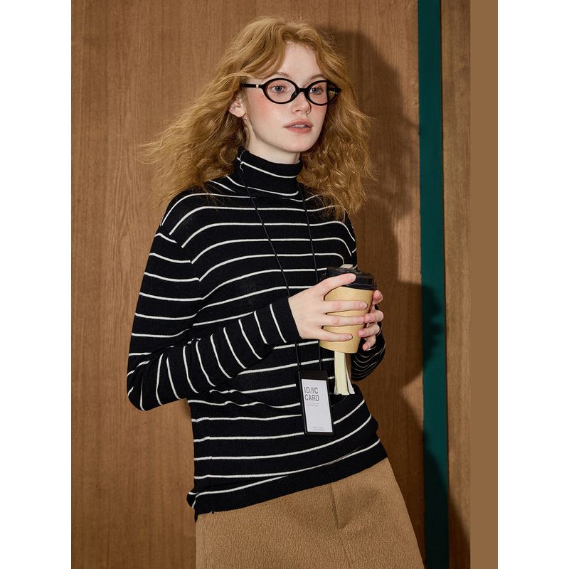 Coolhut Retro High-Neck Striped Knit Inner Layer Comfortable and Lazy Style Winter New Basic Women's Base Shirt